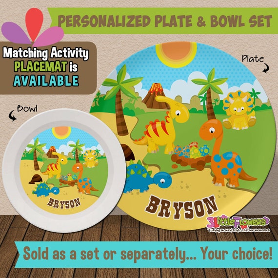 Baby Dinosaurs Plate and Bowl Set Personalized Melamine Children