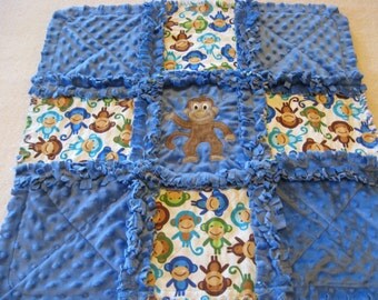 New Baby Boy Silly Monkey Rag Quilt Blanket 22x22