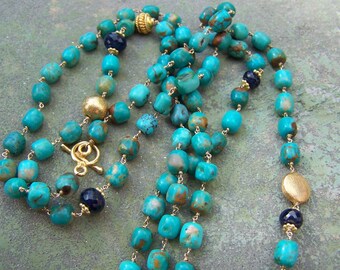 Turquoise Necklace | Long beaded turquoise necklace | Turquoise layering necklace | Turquoise and Sapphire Gold Necklace | Beaded Turquoise