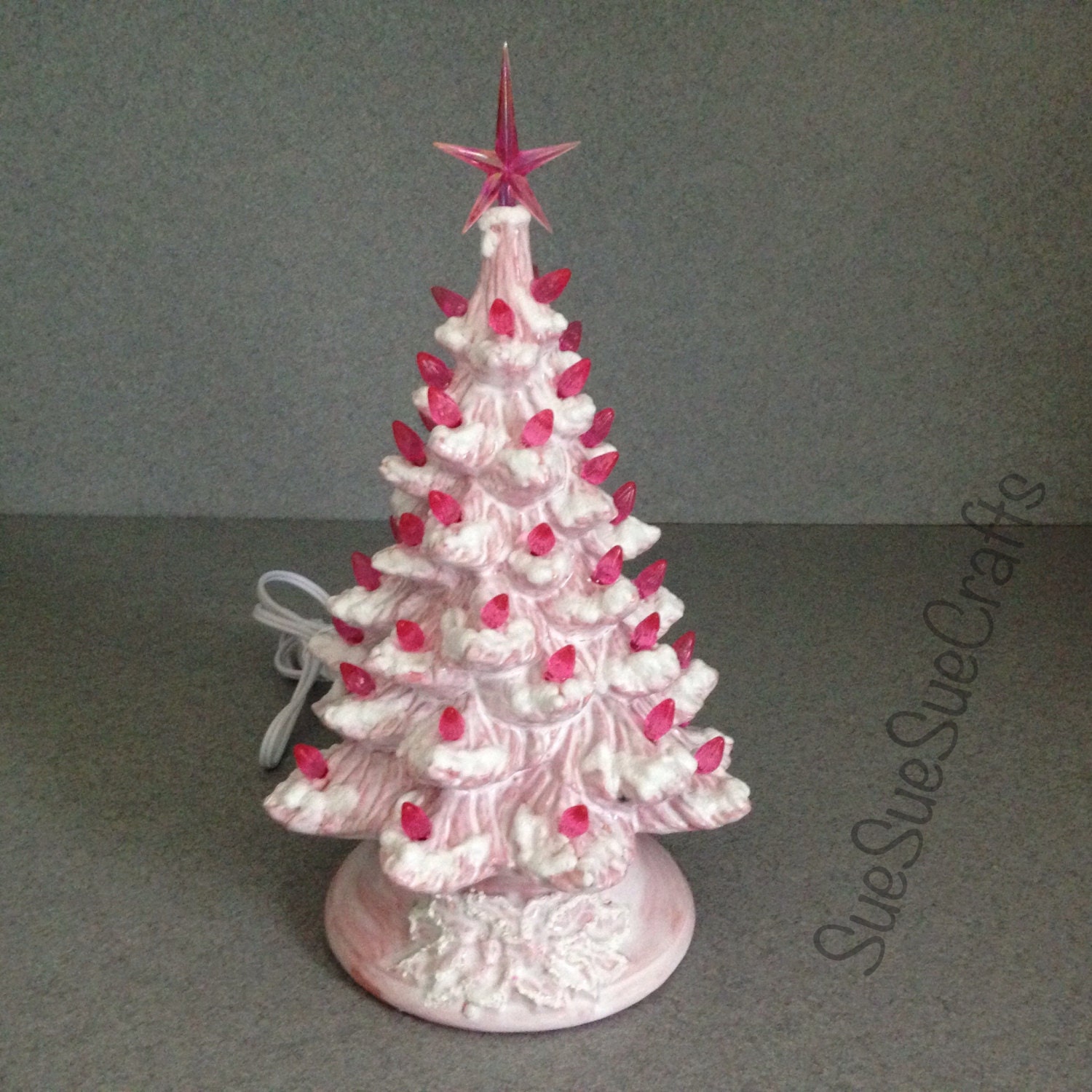 PINK glazed Christmas Tree 11 inches Whitewash and snow