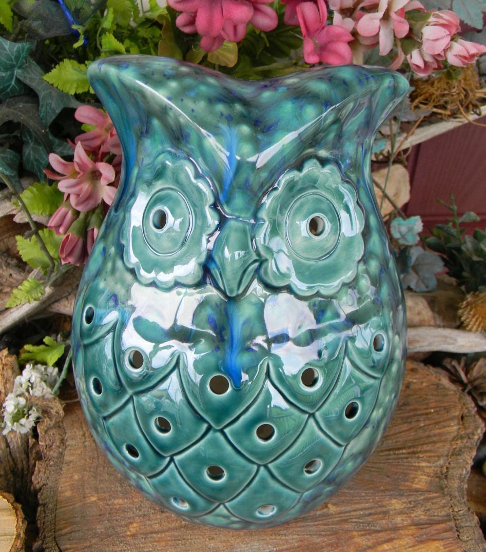 Ceramic Owl Lantern Candle Holder crystal blue green