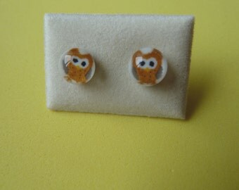 Dichroic Glass Stud Earrings Surgical Steel Hypoallergenic Little Brown Owl Handmade