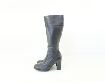 Vintage Black Boots 90s Black High Heel Size 6 Black Boots Black Leather Boots Knee High Boots 90s Does 70s Boots Boho Black Boots 6