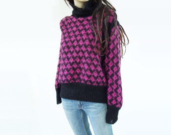 Oversize Sweater 80s Wool Sweater Mohair Sweater Magenta Sweater Purple Sweater Black Wool Sweater Vintage Wool Sweater Dolman Sleeve S / M