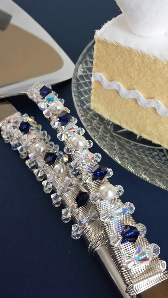 Navy wedding  cake  serving  set  Swarovski crystal  cake  cutter