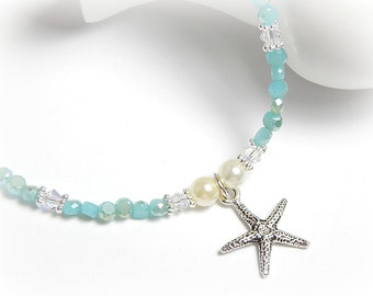 Starfish Anklet, Turquoise Blue Crystal Ankle Bracelet, Summer Outdoors, Sterling Silver Anklet, Adjustable Anklet for Women