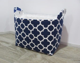 LARGE Fabric Organizer Basket Storage Container Bin - Size Large - Quatrefoil in navy blue