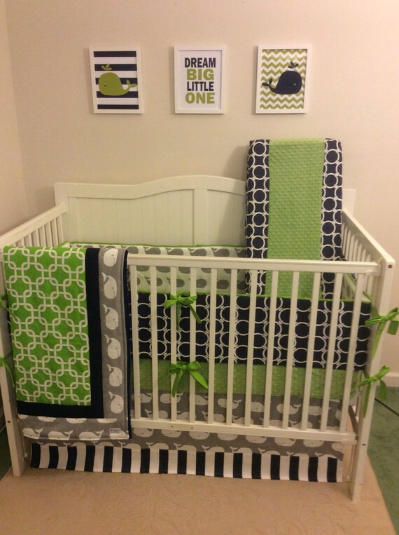 Lime Green Gray and Navy Nautical Baby Boy Crib Bedding
