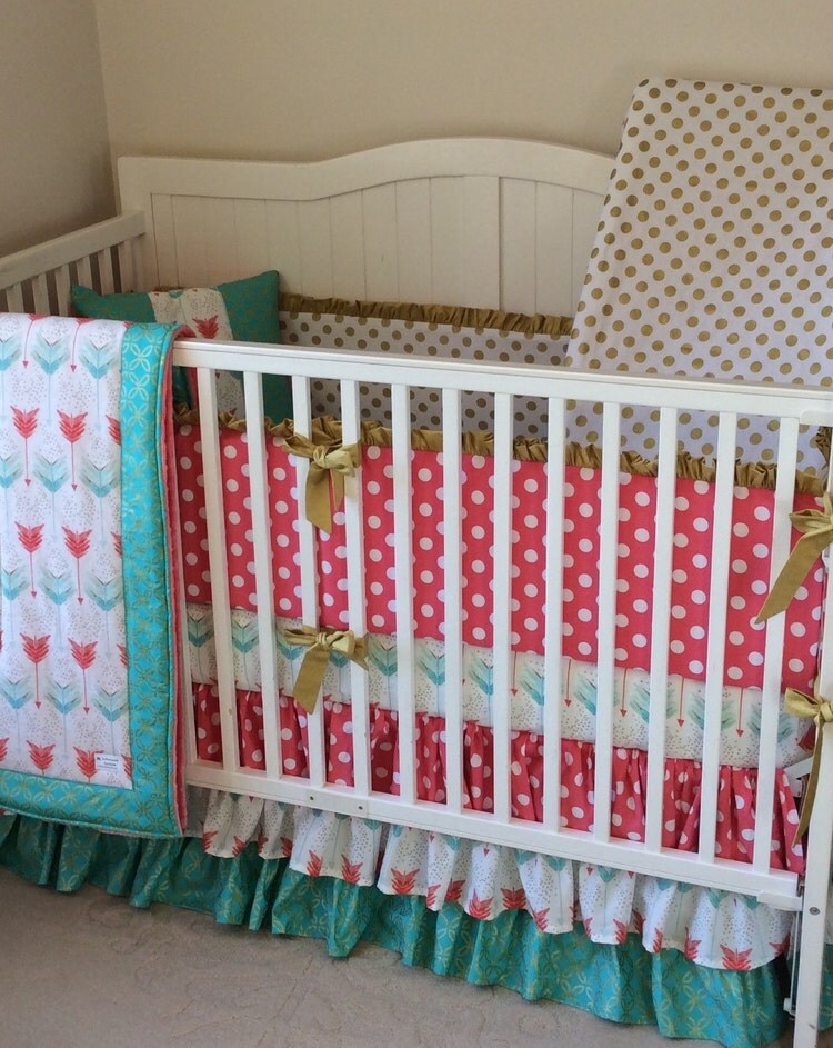 Coral Teal and Gold Ruffled Crib Bedding by ...