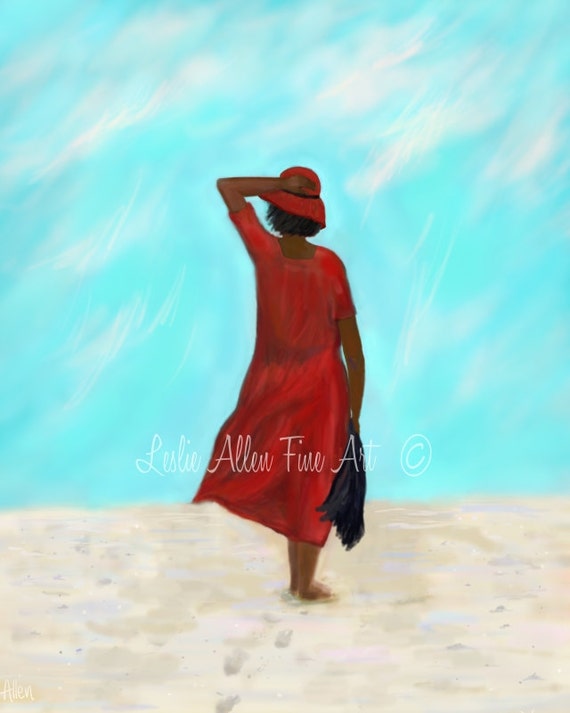 Items similar to African American Black Woman Beach Art Print Red ...