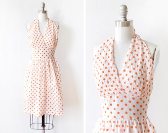 polka dot halter dress, vintage 60s dress, white and orange polka dot dress, extra small xs