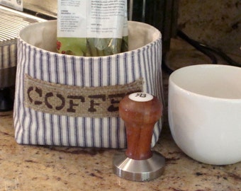 Small Ticking Fabric Basket with a Burlap Coffee Label - Select Your Color