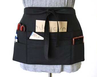 black half apron - black waitress apron - black teacher apron - money apron - vendor apron - zipper pocket - waist apron - utility apron