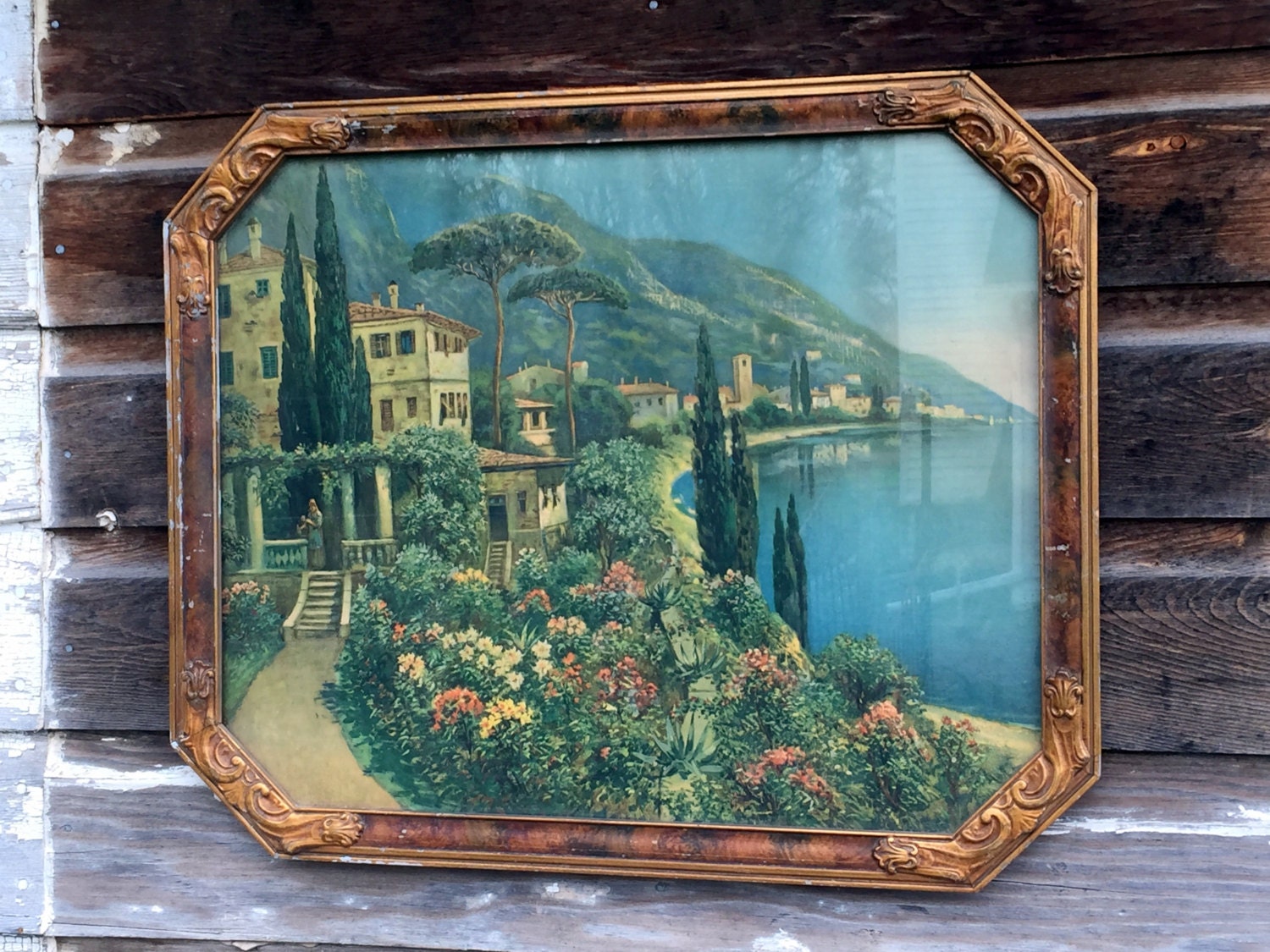 Antique Framed Print Art Deco Seascape Mountain by Holliezhobbiez