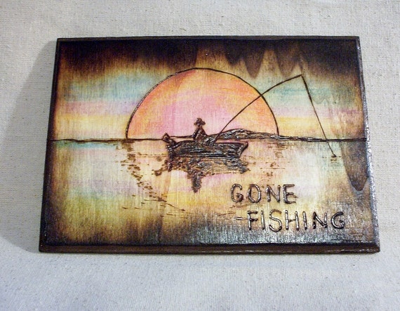 Pyrography Folk Art Gone Fishing Silhouette Lake Fisherman