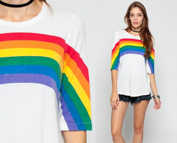 Rainbow Shirt 80s Tshirt Striped Shirt 3/4 Sleeve Graphic T