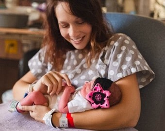 Gray Polka Dot Maternity Hospital Delivery Gown-Super Soft -Perfect Snaps for Breastfeeding, Skin to Skin, and Epidural