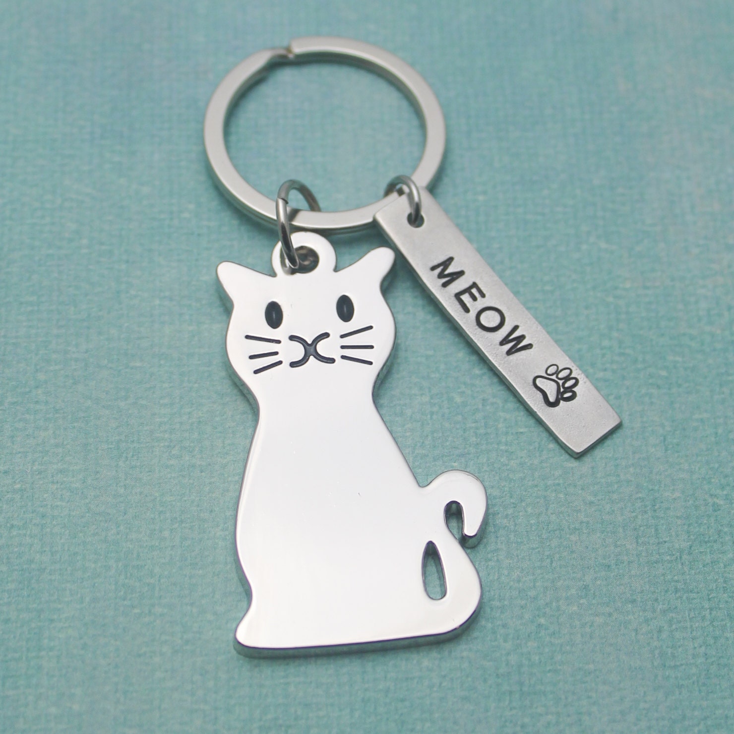 Personalized Cat MEOW Hand Stamped Pewter Keychain
