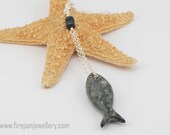 Fish necklace - sterling silver chain, moss agate, serpentine fish, gemstone necklace, handmade, green, fun, funky, boho, nature lover gift Fish necklace - sterling silver chain, moss agate, serpentine fish, gemstone necklace, handmade, green, fun, funky, boho, nature lover gift