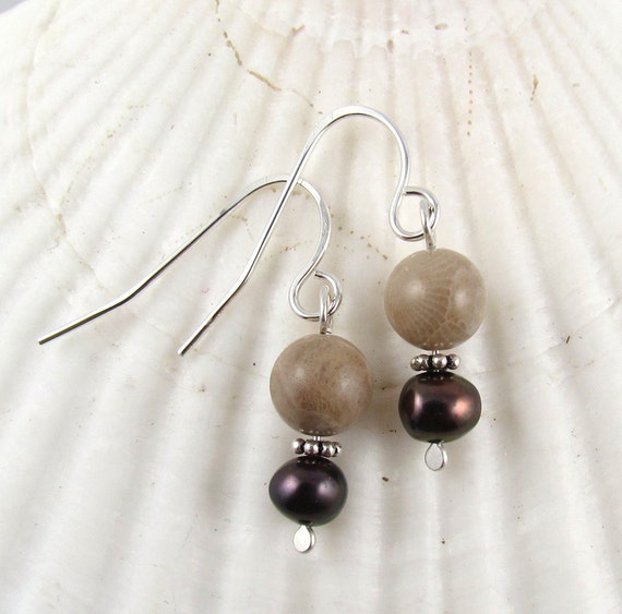 Michigan Petoskey stone and pearl dangle earrings with