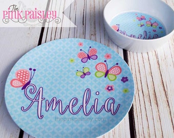 Personalized Plate | Easter Basket Gift | Kids Butterfly Melamine Dinner Plate and Bowl Set | Kids Gift | Birthday Gift