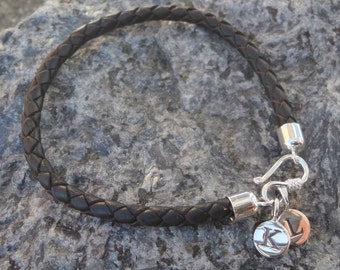 Sterling Silver initial Personalised leather bracelet. Sterling Silver Initial Monogram Bracelet Mens Solid Silver letter Bracelet.