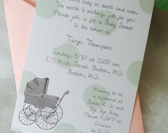 Baby shower invitation, carriage, polka dots, pick your colors