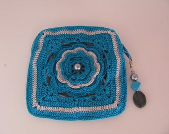 Petite Rose Pouch in Teal and Light Gray / Fully Lined