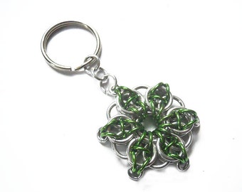 Green star key chain, Green and silver star, Small green star key ring, Celtic Visions Star chainmaille weave