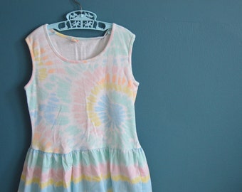 Vintage Big Girl's 80s 90s Pastel Tie Dye Dress - Size 12