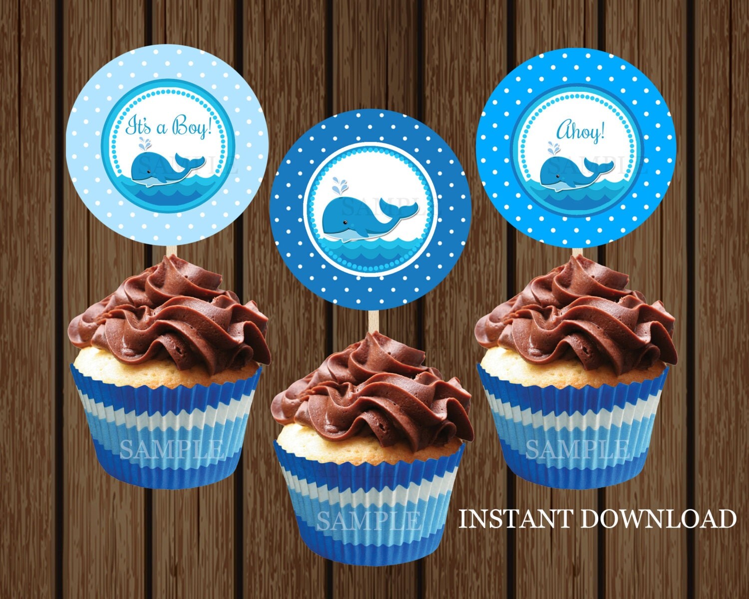 Whale Cupcake Toppers, Whale Baby Shower, Nautical Cupcake Toppers