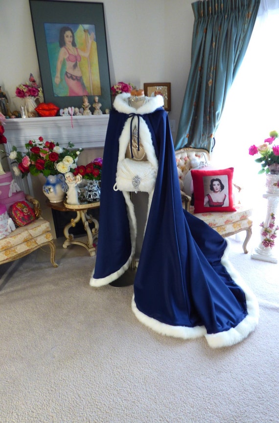 Victorian Bridal cape Navy Blue / White Satin 67 inch with Fur Trim ...