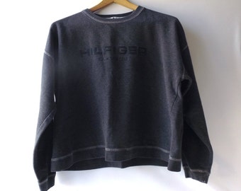 vintage 1990's tommy hilfiger sweatshirt crop top charcoal grey gray medium womens clothing fashion clothes shirt retro modern embroidered