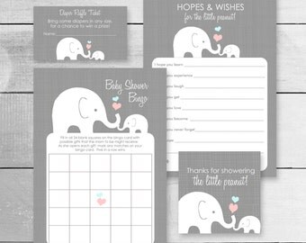 Elephant Baby Shower Game Card Set / Baby Shower Bundle / DIY Shower Game / Pink Blue Elephant / Instant Download / PRINTABLE / 10205