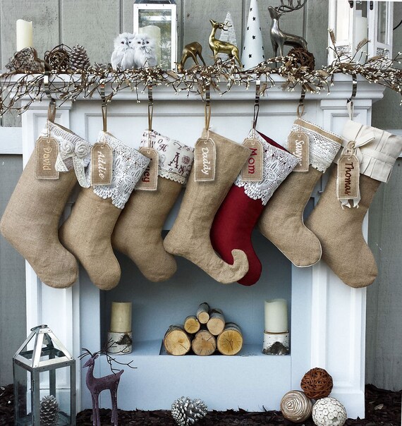 Burlap Lace Linen Christmas Stockings Country Primitive Rustic