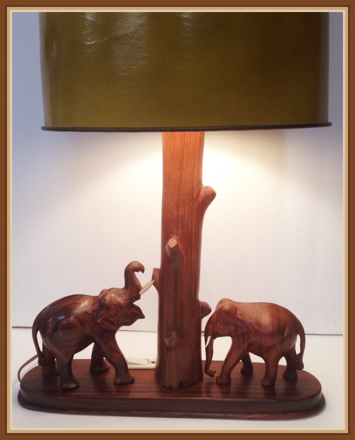 Vintage Wooden Elephant Lamp Lights Carved Tall Weighs