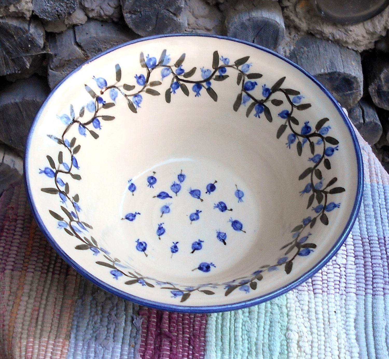 Handmade pottery bowl in blueberry design large ceramic