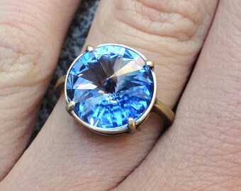 Sapphire Blue Crystal Ring, Swarovski Crystal Light Sapphire Ring, Something Blue Crystal Ring, Sapphire Swarovski, Blue Crystal Ring