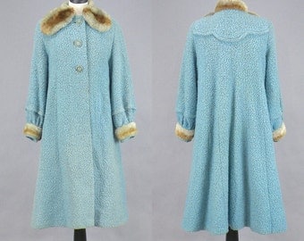 Vintage 60s Swing Coat, 1960s Wool Coat, Light Blue Winter Coat with Faux Fur Trim