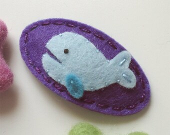 Felt hair clip -No slip -Wool felt -Pale blue whale -purple