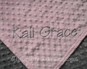 Personalized Baby Blanket CHOOSE YOUR COLORS- blush pink and charcoal grey- baby stroller blanket