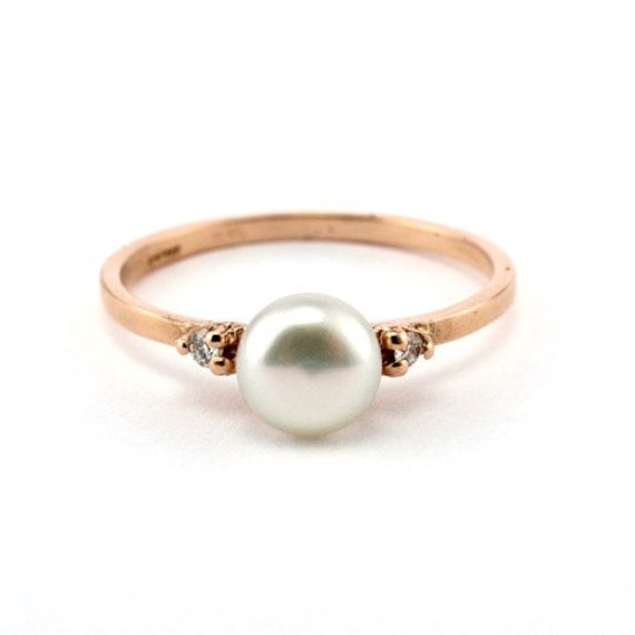  Rose  Gold  Engagement  Ring  Minimalist Pearl  Ring  14K Gold 