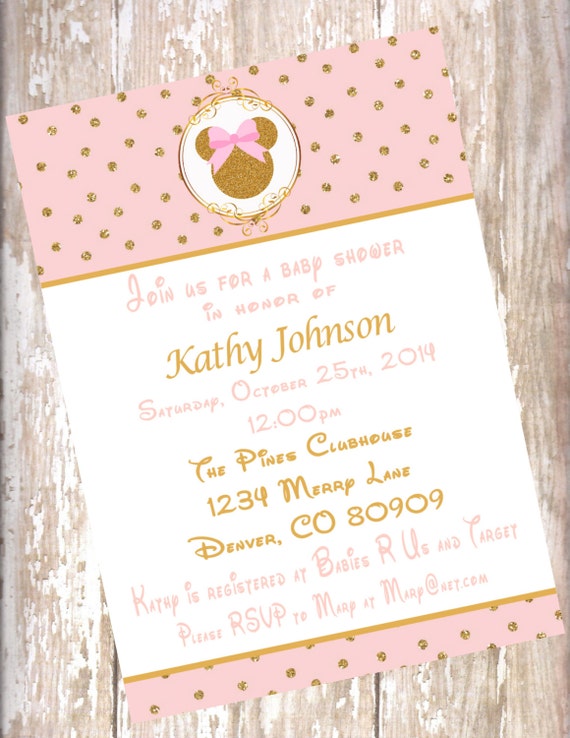 Minnie Mouse Blush Pink and Gold Baby Shower Invitations