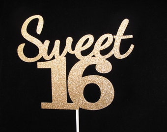 Sweet 16 Cake Topper, Sweet 16 Birthday, Sweet 16 Gold Glitter Cake Topper, 16th Birthday