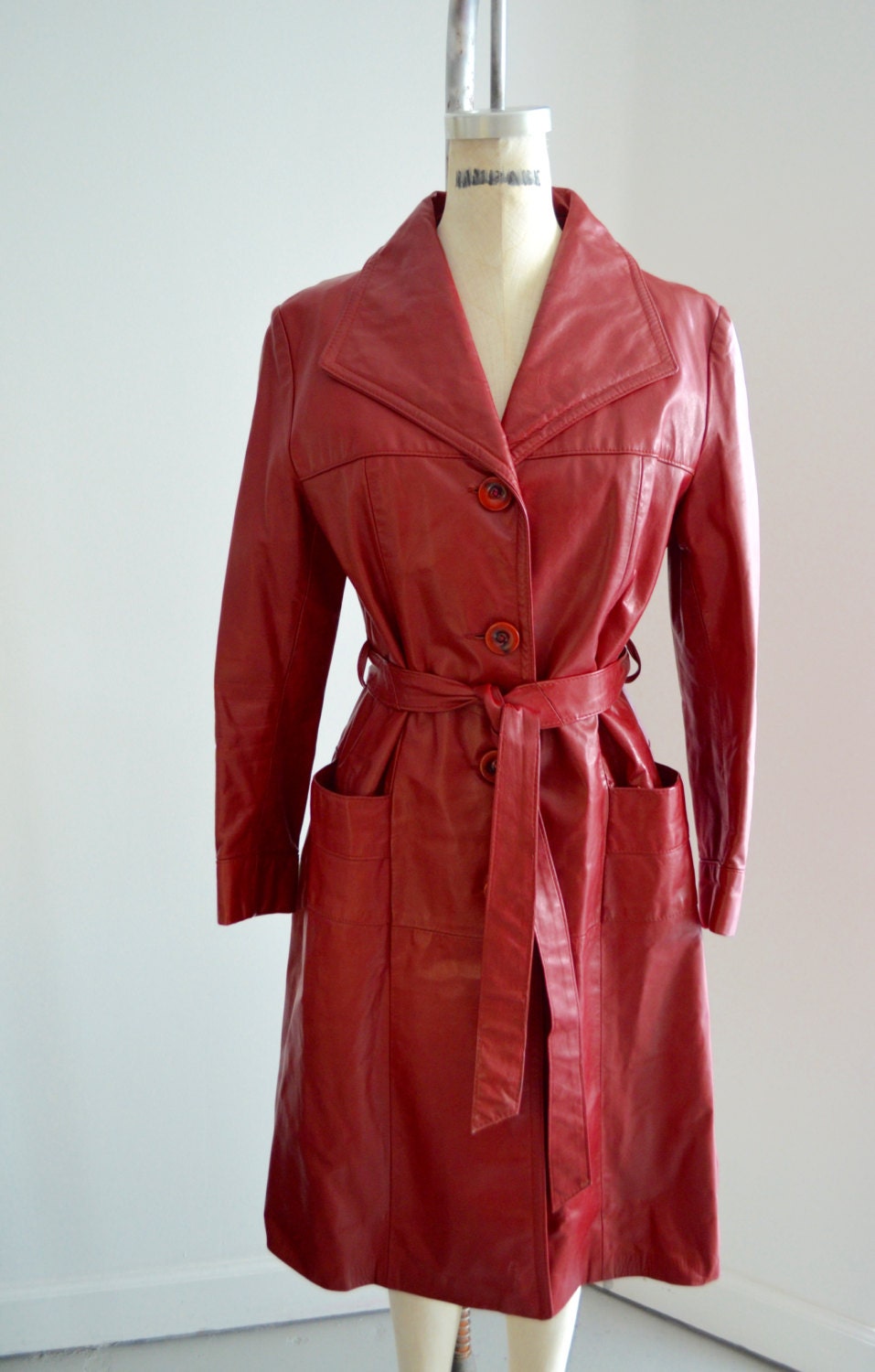 Vintage 70s RED Leather Long Coat Jacket Raincoat