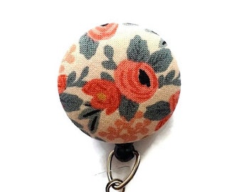 Floral Retractable Badge Holder Badge Reel Name Badge Holder ID Badge Holder Nurse Badge Reel Key Card Holder Badge Clip Cream Coral Blue