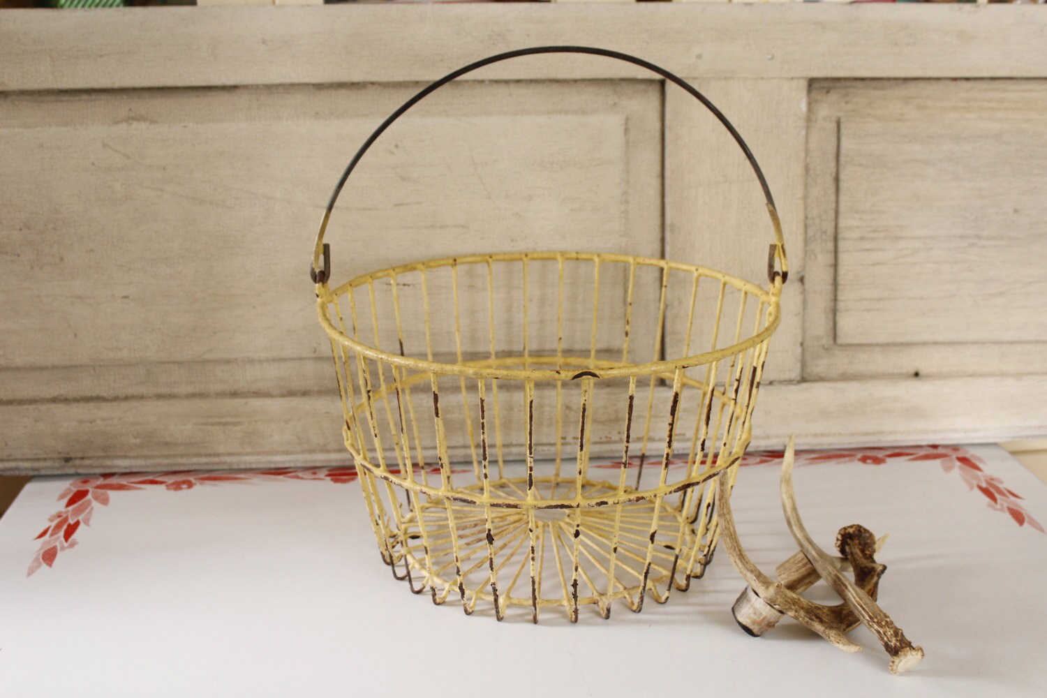 Antique Yellow Metal Egg Basket Lancaster by VandyleeVintage