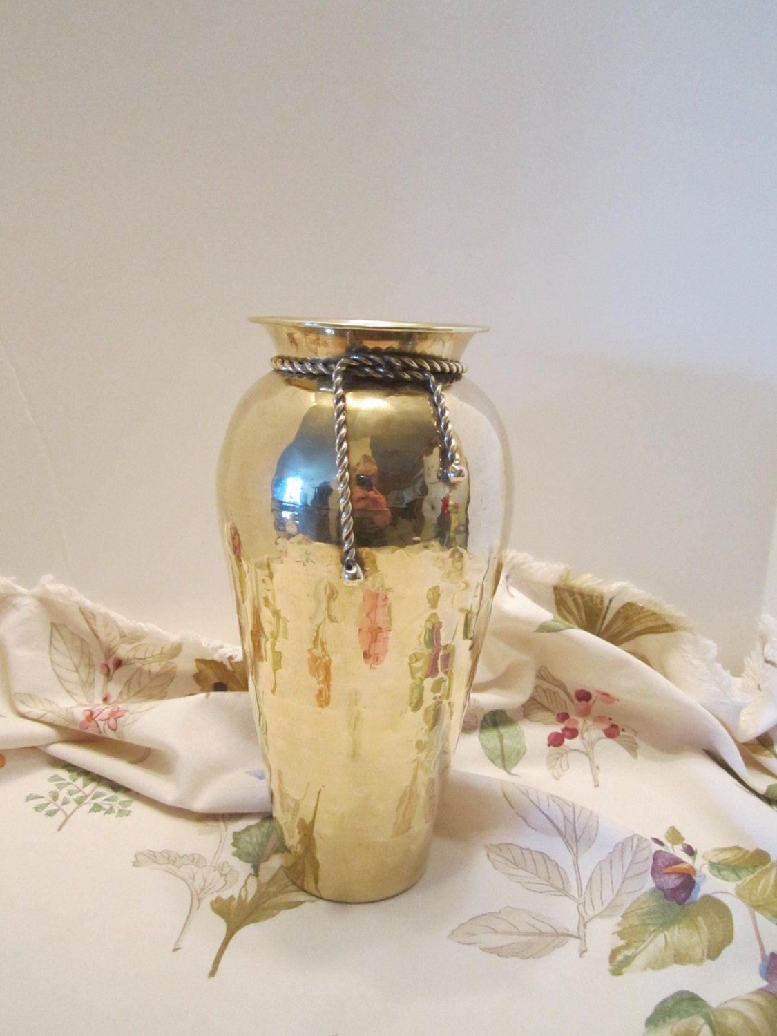 Hammered Brass Vintage Vase Large Size Rope Design Accent