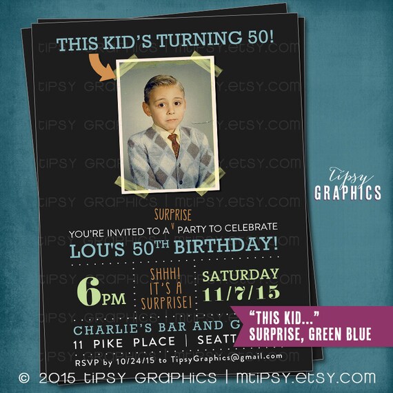 Milestone Surprise Birthday Party Invite. This Kid's Turning 50. Perfect with Old School Baby Photo by Tipsy Graphics. Any age, any colors Il_570xn