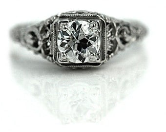 Antique Engagement Ring Art.80ctw Solitaire 14K White Gold Antique Filigree Ring Vintage Deco Engagement Ring!